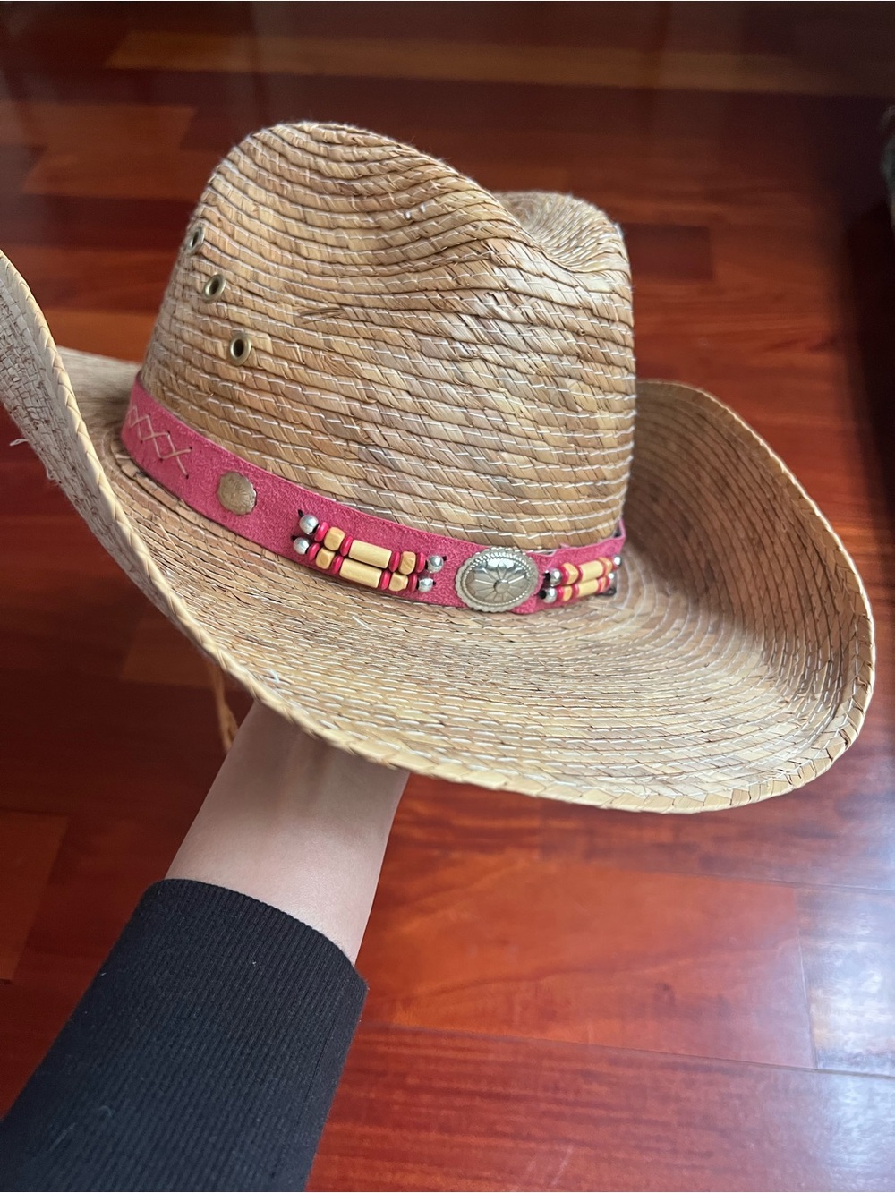Straw Cowboy Hat with Pink Beaded Band